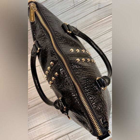 075-Michael Kors Black Leather Uptown Astor Satchel with Gold Stud Accents - Picture 7 of 12
